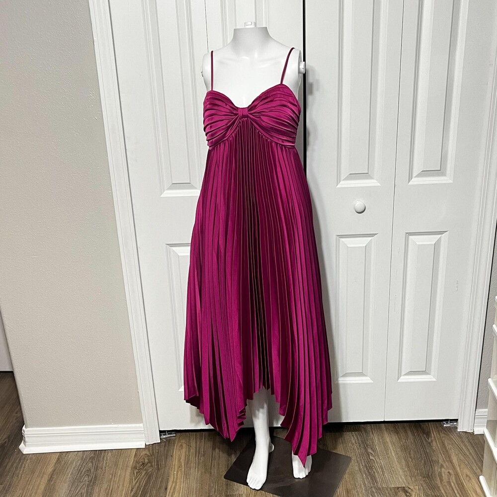 Petal + Pup Dress Womens 8 Pink Pleated Satin Sweetheart Asym Hem Midi Party